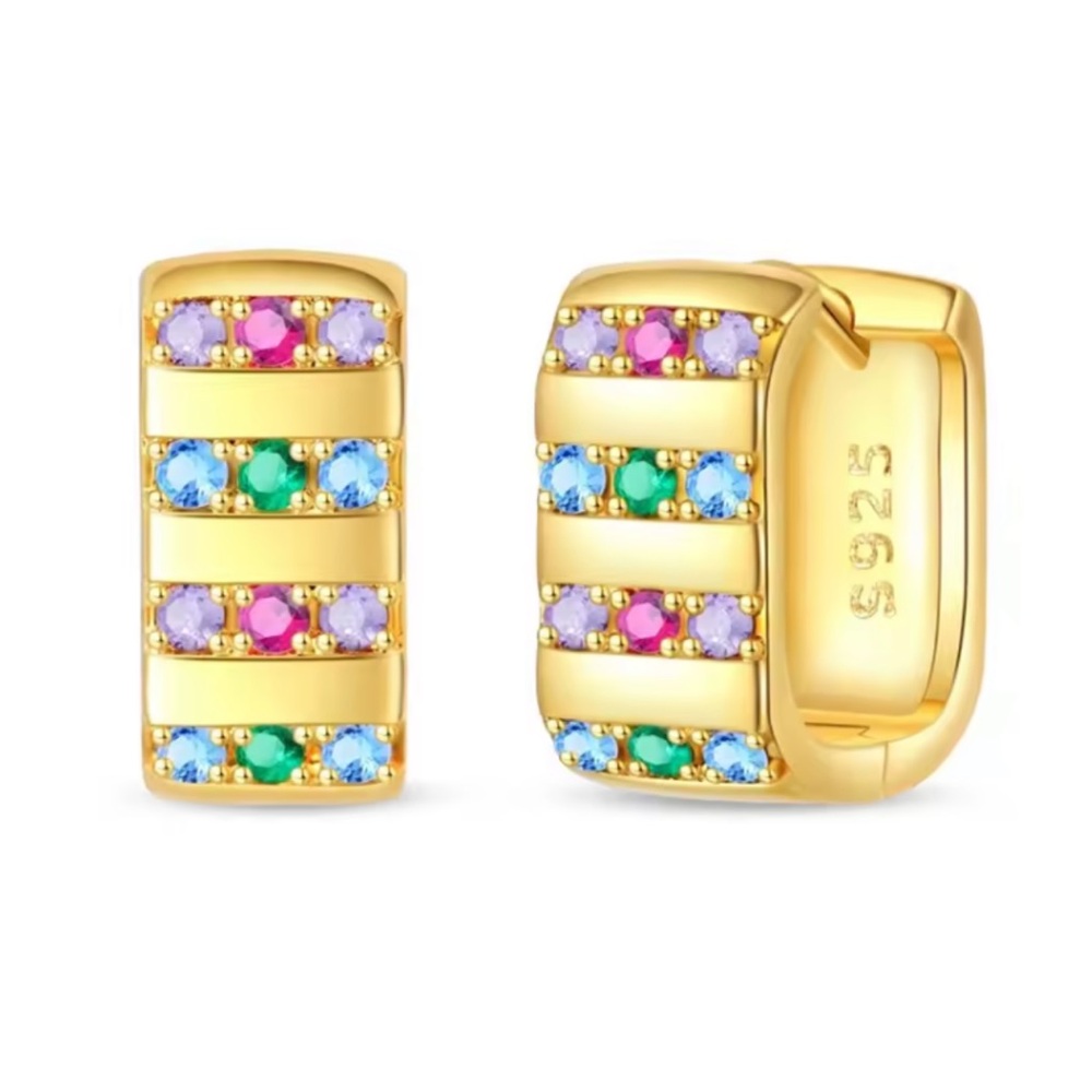 Sterling silver gold mini hoop earrings with multicolored micro pave gems